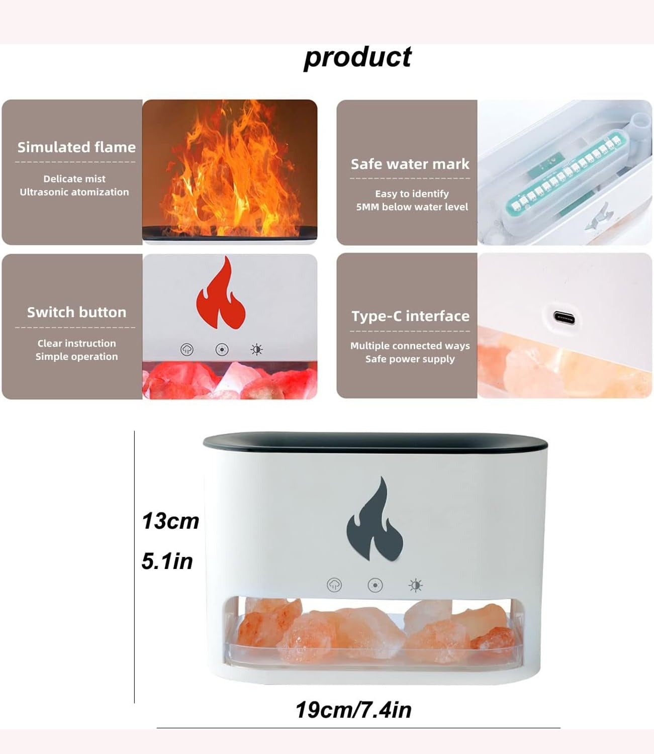 Humificador Difusor De Aromas Con Efecto LLama 3D Y Piedras De Sal