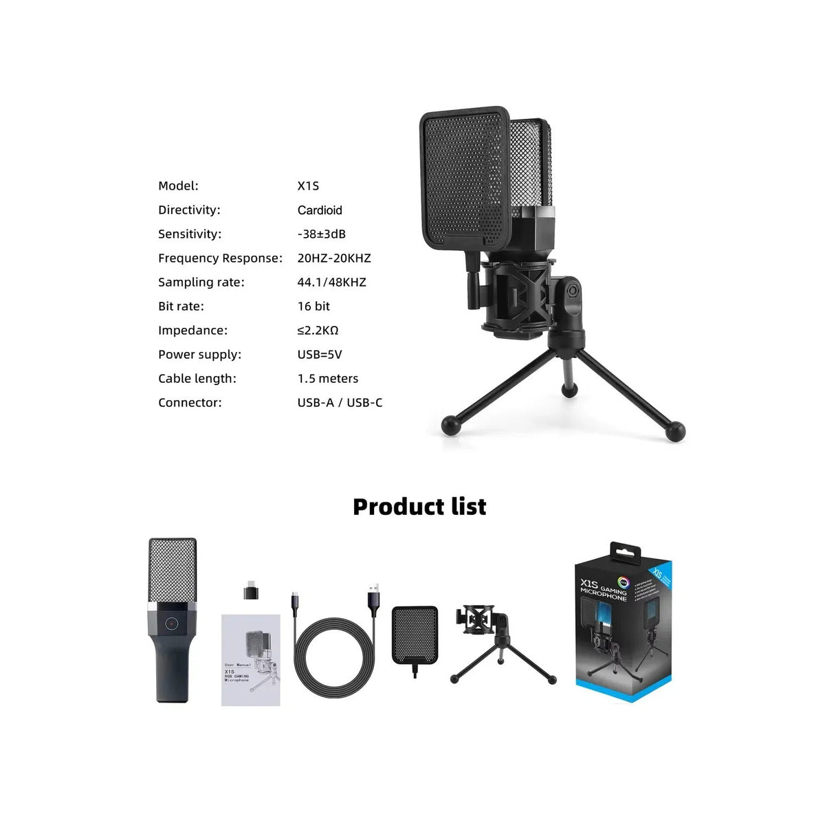 Micrófono Condensador X1s Rgb Con Filtro Pop Usb Y Tipo C