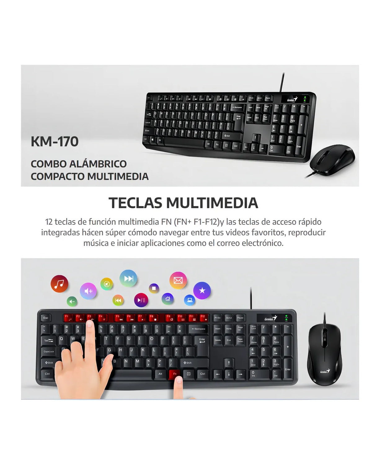 Teclado Y Mouse Genius Km170 Kit Para Pc Usb Multimedia Mouse Negro Teclado Negro