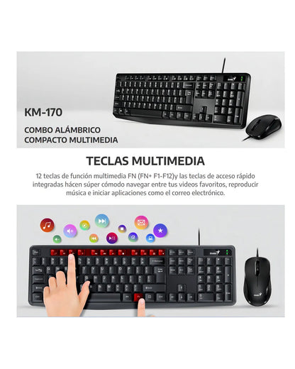 Teclado Y Mouse Genius Km170 Kit Para Pc Usb Multimedia Mouse Negro Teclado Negro