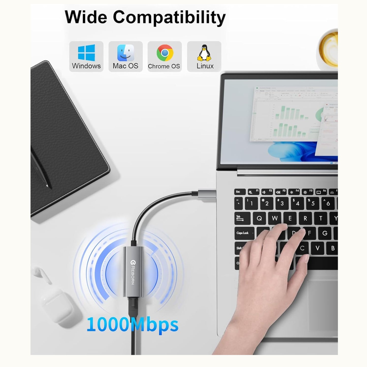 Adaptador Reborn Usb-c A Rj45 Ethernet Gris Metálico